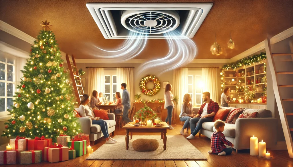 cozy holiday gathering with clean, fresh air flowing gently from the air ducts, enhancing the warm, festive atmosphere