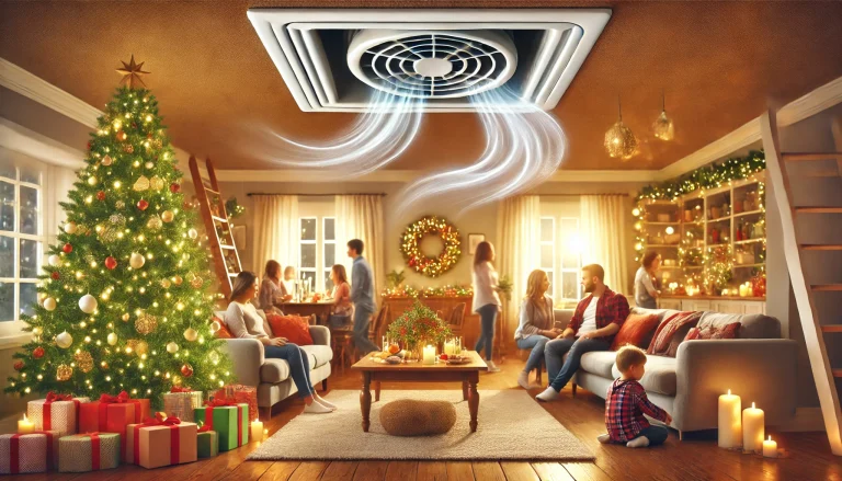 cozy holiday gathering with clean, fresh air flowing gently from the air ducts, enhancing the warm, festive atmosphere